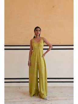 Ease Clothing - Green Square Neckline Floral Butti Embroidered Flared Jumpsuit