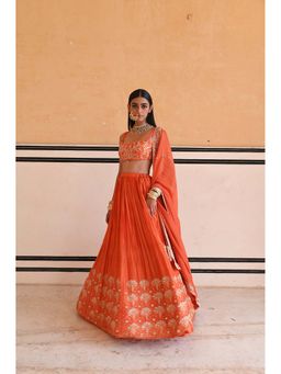 Ease Clothing - Orange Embroidered Blouse with Lehenga and Dupatta (Set of 3)