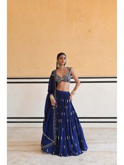 Ease Clothing - Navy Blue Embroidered Blouse with Lehenga and Dupatta (Set of 3)