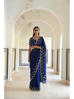 Ease Clothing - Royal Blue Scallop Embroidered Saree with Stitched Blouse