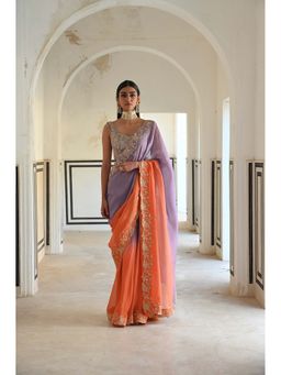 Ease Clothing - Lavender Ombre Floral Embroidered Border Saree with Stitched Blouse