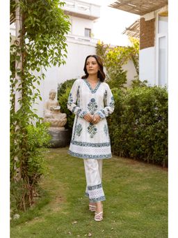 Hezal - Bagh Blue Cream Twin Co-Ord (Set of 2)