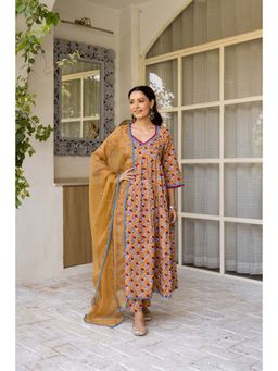 Hezal - Bagh Dark Beige Block Print Anarkali with Pant and Dupatta (Set of 3)
