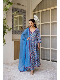 Hezal - Bagh Dark Blue Block Print Anarkali with Pant and Dupatta (Set of 3)