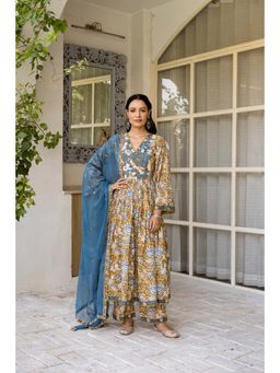 Hezal - Bagh Beige Block Print Anarkali with Pant and Dupatta (Set of 3)