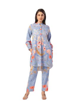JAIPURRANG - Powder Blue Digital Print Floral Cotton Linen Co-Ord (Set of 2)