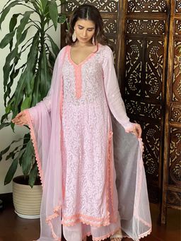 Label Aishwaryrika - Pink Solstice Chikankari Lace Kurta with Palazzo and Dupatta (Set of 3)