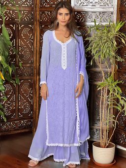 Label Aishwaryrika - Lavender Chikankari Lace Kurta with Palazzo and Dupatta (Set of 3)