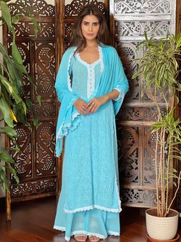 Label Aishwaryrika - Blue Opal Sky Chikankari Lace Kurta with Palazzo and Dupatta (Set of 3)