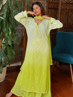 Label Aishwaryrika - Lime Green Chikankari Lace Kurta with Palazzo and Dupatta (Set of 3)