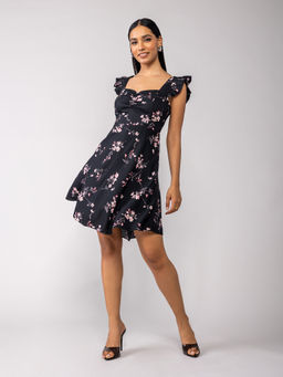 Twenty Dresses by Nykaa Fashion - Black And Multicolor Sweetheart Neck Floral Short Dress