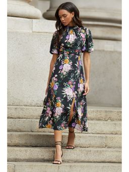Lipsy - Black Cut Out Floral Print Midi Dress