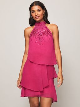 Lipsy - Pink Halter Neck Shirred Mini Dress