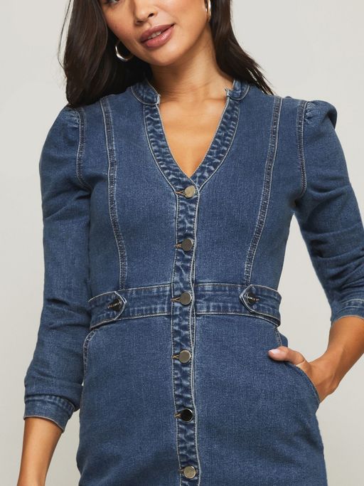 white christmas dresses Cosmala Denim Long Sleeve Mini Dress / Indigo Blue | Meshki main image 0