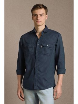 Louis Philippe - Men Navy Blue Textured Full Sleeves Casual Shirt