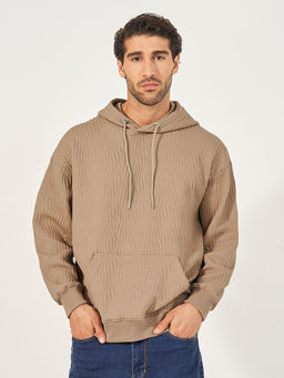Styli - Beige Men Textured Relaxed Fit with Kangaroo Pocket Hoodie