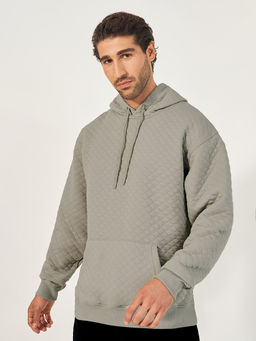 Styli - Grey Men Quilted Patterned Relaxed Fit with Kangaroo Pocket Hoodie