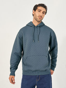 Styli - Blue Men Quilted Patterned Relaxed Fit with Kangaroo Pocket Hoodie