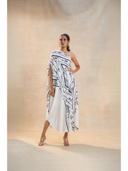 Vedika M - White Chevron Shell One Shoulder Drape Dress with Attached Belt