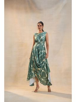 Vedika M - Green Waterdrop Drape Dress with Belt (Set of 2)