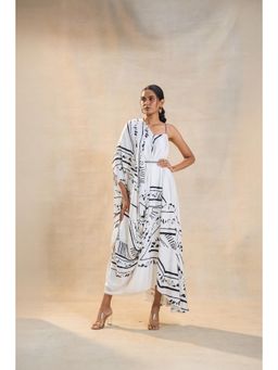 Vedika M - White Chevron Shell Drape Dress with Attached Belt