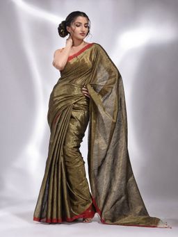 CHARUKRITI - Deep Green Tissue Handwoven Soft Saree with Unstitched Blouse
