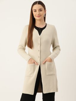 APSLEY - Women Solid Longline Cardigans-Beige