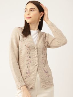 APSLEY - Women Floral Sweater with Embroidered Detail- Camel Brown