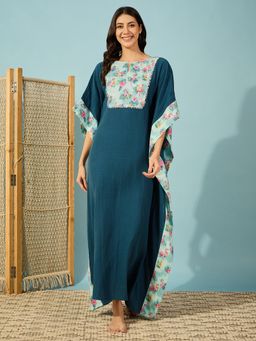 The Kaftan Company - Blue Flamingo Yoke Cotton Kaftan Nightdress