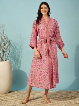 The Kaftan Company - Floral Pink Cotton Wrap Nightdress with Belt (Set of 2)