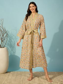 The Kaftan Company - Floral Yellow Cotton Wrap Nightdress with Belt (Set of 2)