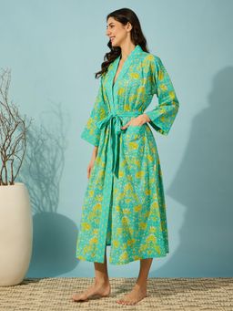 The Kaftan Company - Floral Teal Cotton Wrap Nightdress with Belt (Set of 2)