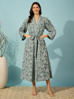 The Kaftan Company - Floral Grey Cotton Wrap Nightdress with Belt (Set of 2)