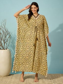 The Kaftan Company - Yellow Floral Hand Block Kaftan with Tassel Detail
