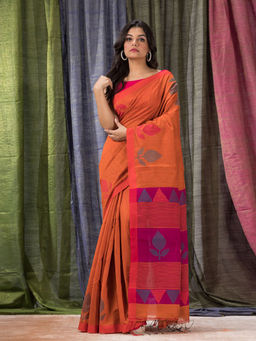 Angoshobha - Orange Cotton Blended Traditional Jamdani Saree with Unstitched Blouse
