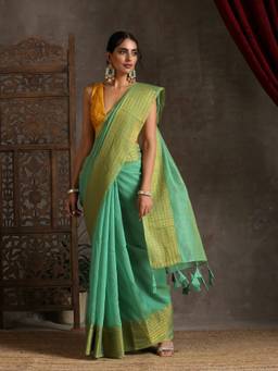 Triyah - Green Handloom Gold Border Cotton Saree with Tassels