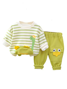 Little Surprise Box - Unisex Green Fluffy Dino Tummy Sweatshirt & Pants (Set of 2)