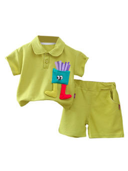 Little Surprise Box - Unisex Green French Fries Themed Shorts and Polo T-Shirt (Set of 2)