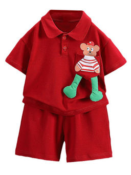 Little Surprise Box - Unisex Red Long Legs Teddy Shorts and Polo T-Shirt (Set of 3)