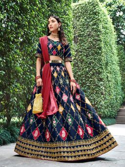 Odette - Navy Blue Silk Embroidered Lehenga (Set of 3)