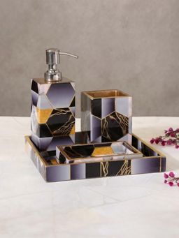The Home Co - Wooden Water Resistant Black Hexagon Abstract Print & Enamelled Bathroom (Set Of 4)