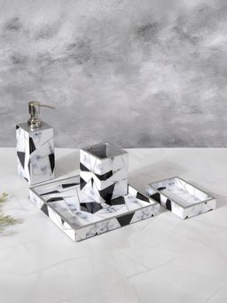 The Home Co - Wooden Water Resistant Grey White Abstract Print & Enamelled Bathroom (Set Of 4)