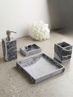 The Home Co - Wooden Water Resistant Grey Spiral Abstract Print & Enamelled Bathroom (Set Of 4)
