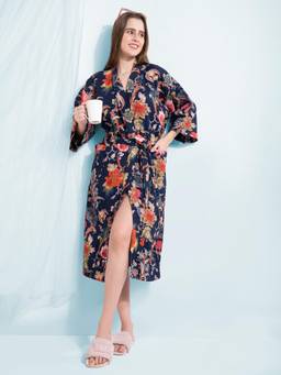 LacyLook - Soft Textured Breathable Premium Waffle Cotton Bathrobe with Belt-Navy Blue