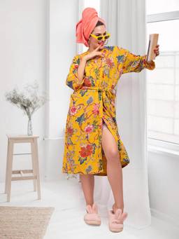 LacyLook - Soft Textured Breathable Premium Waffle Cotton Bathrobe with Belt-Yellow