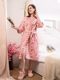 LacyLook - Soft Textured Breathable Premium Waffle Cotton Bathrobe with Belt-Peach