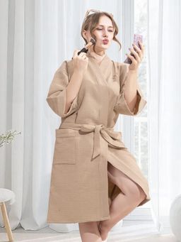 LacyLook - Soft Fabric Lightweight Breathable Premium Solid Waffle Cotton Bathrobe-Beige
