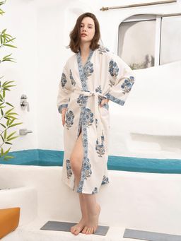 LacyLook - Women'S Premium Block Printed Waffle Cotton Bathrobe-Blue