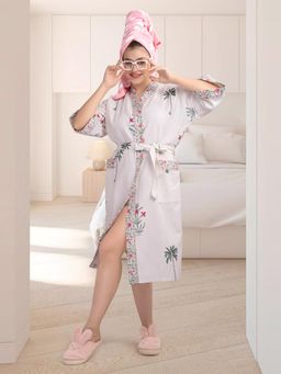 LacyLook - Women's Premium Block Printed Waffle Cotton Bathrobe with Belt-White