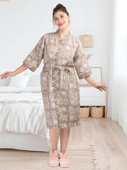 LacyLook - Women's Premium Block Printed Waffle Cotton Bathrobe with Belt-Beige